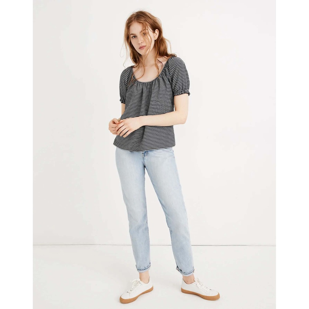 Madewell Texture & Thread Top Women Small Navy White Stripe Puff Sleeve L2940